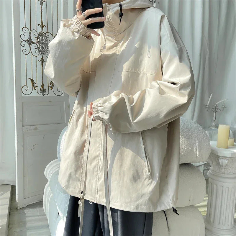 Men's waterproof hooded jacket with full zipper, casual cut, durable all-season weatherproof outerwear