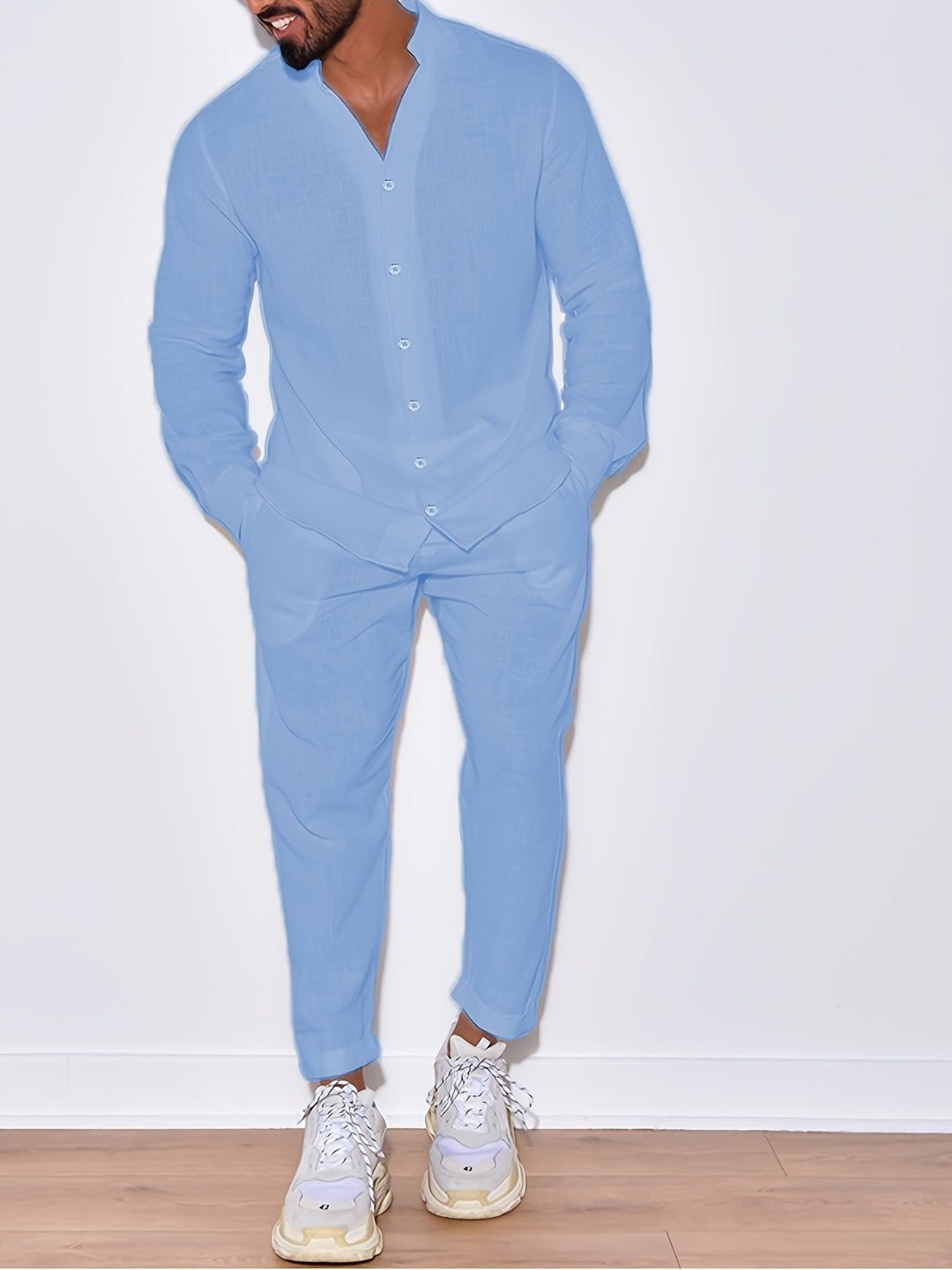 Men's beige cotton-linen shirt and pants set with mandarin collar, relaxed fit, elegant breathable style