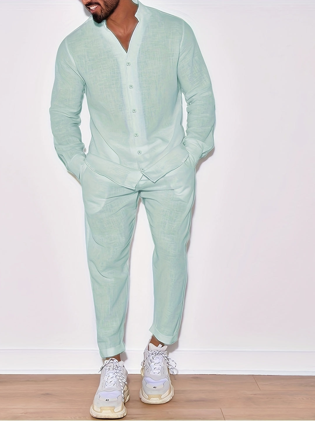 Men's cotton linen set mandarin collar shirt pants breathable elegant slim fit neutral tone
