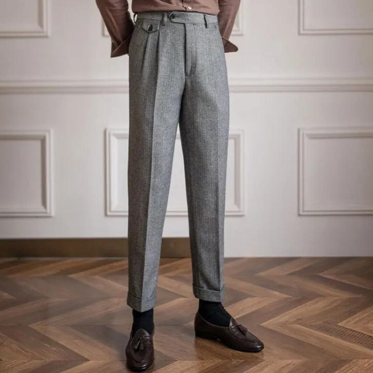 Men's charcoal wool blend trousers relaxed straight fit classic tailored elegant formal style