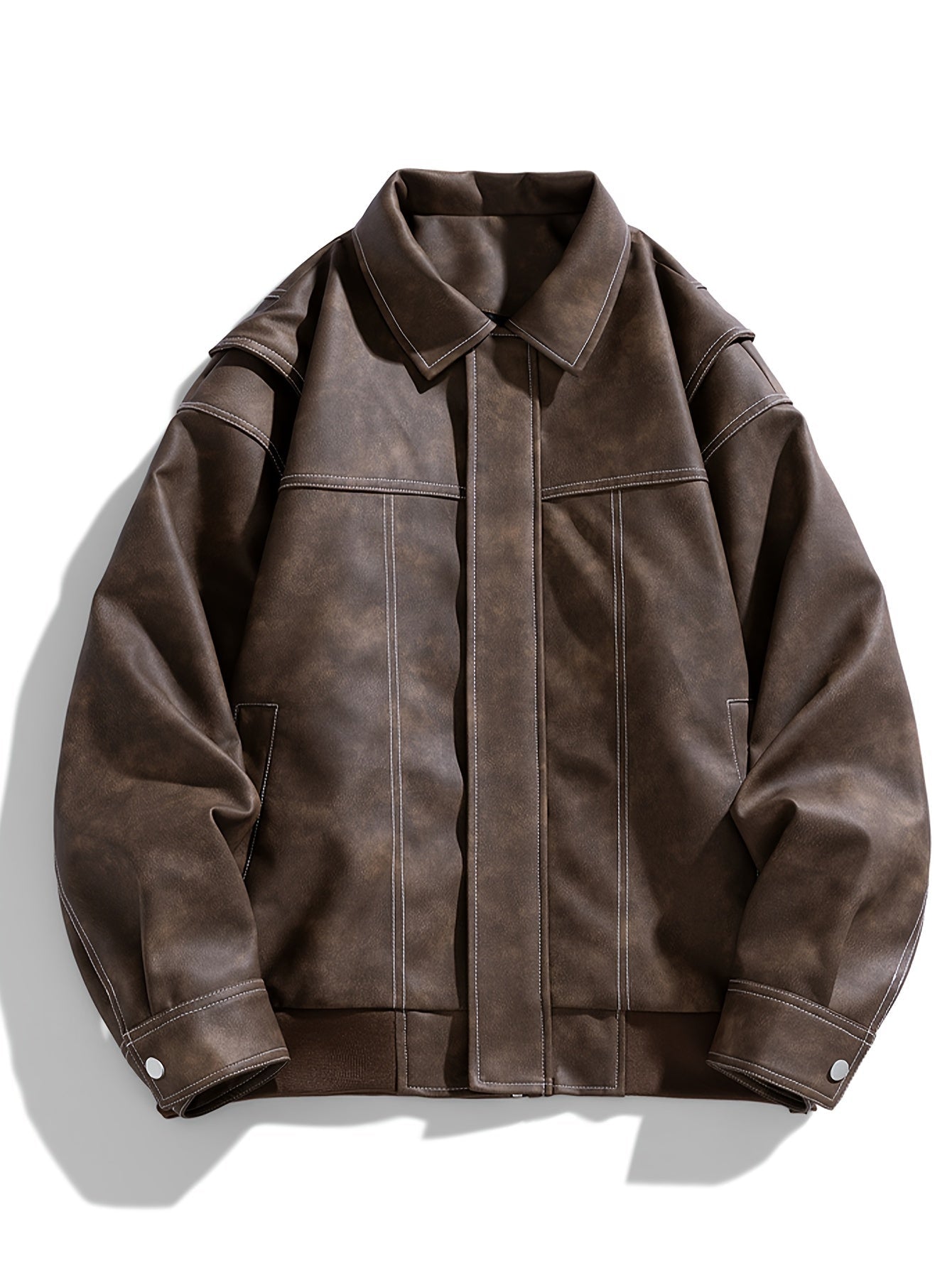 Men's black faux leather jacket regular fit fold-down collar with functional pockets timeless style