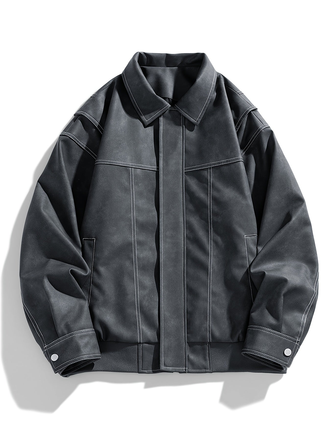Men's black faux leather jacket regular fit fold-down collar with front pockets timeless style
