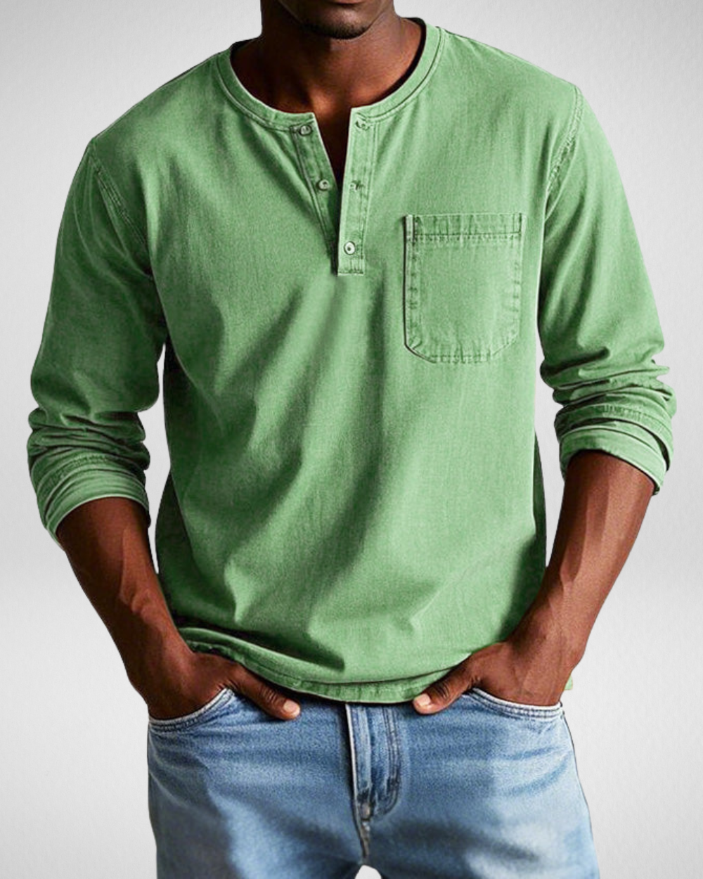 Men's long sleeve Henley shirt with chest pocket, relaxed fit, breathable fabric for all-day comfort