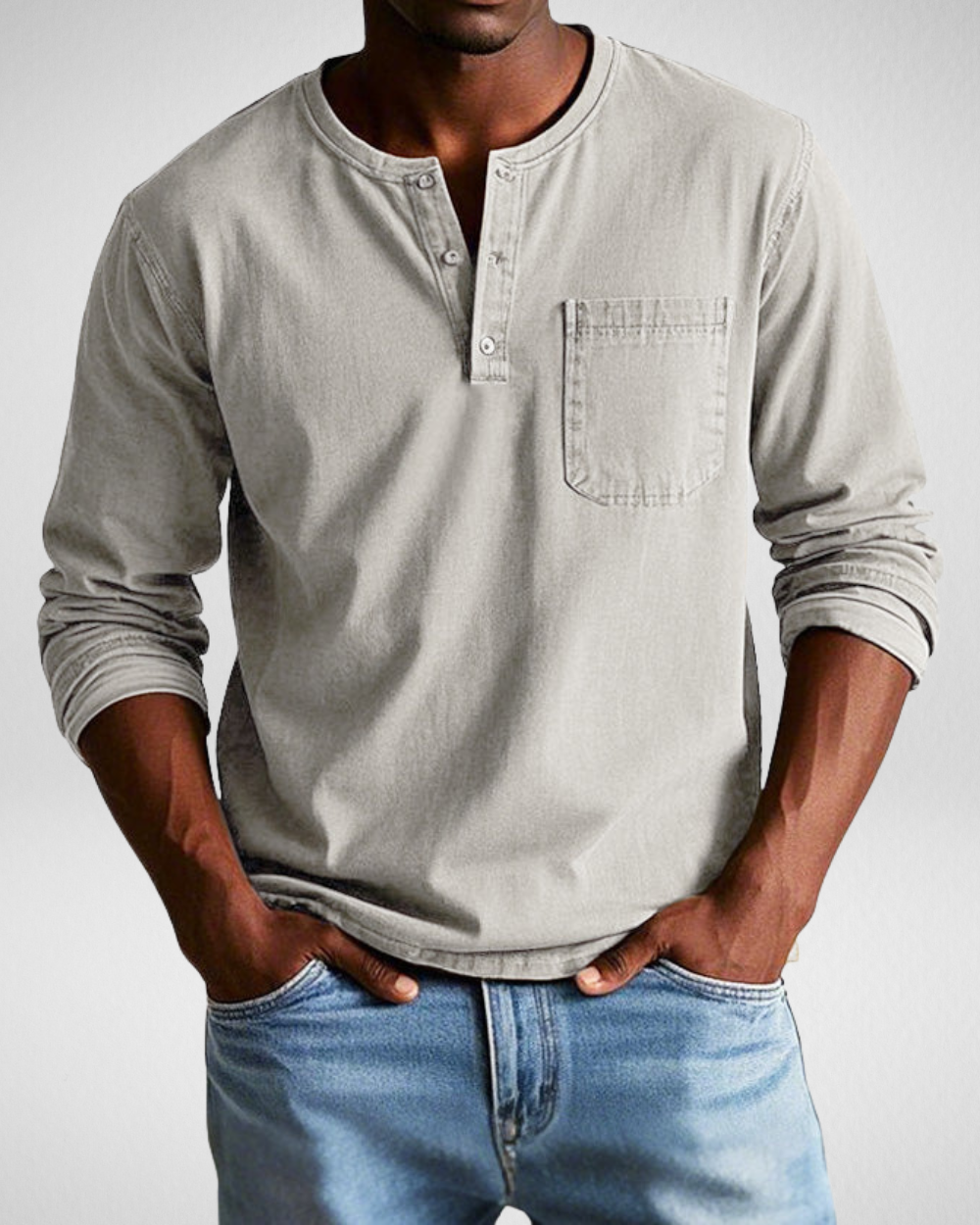 Men's long sleeve Henley shirt with chest pocket, relaxed fit, breathable everyday casual style