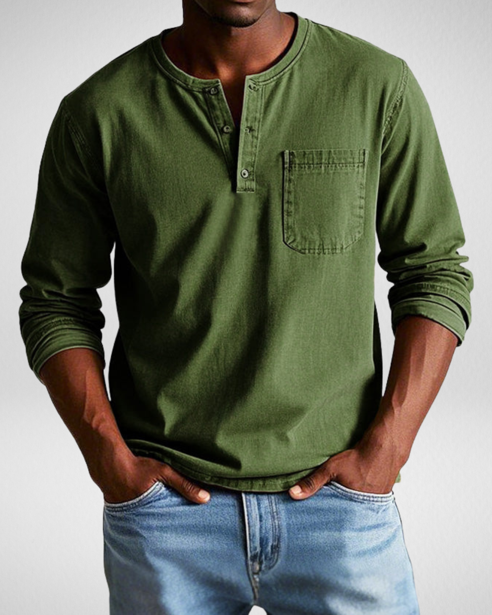 Men's long sleeve Henley shirt relaxed fit with classic button neckline and chest pocket