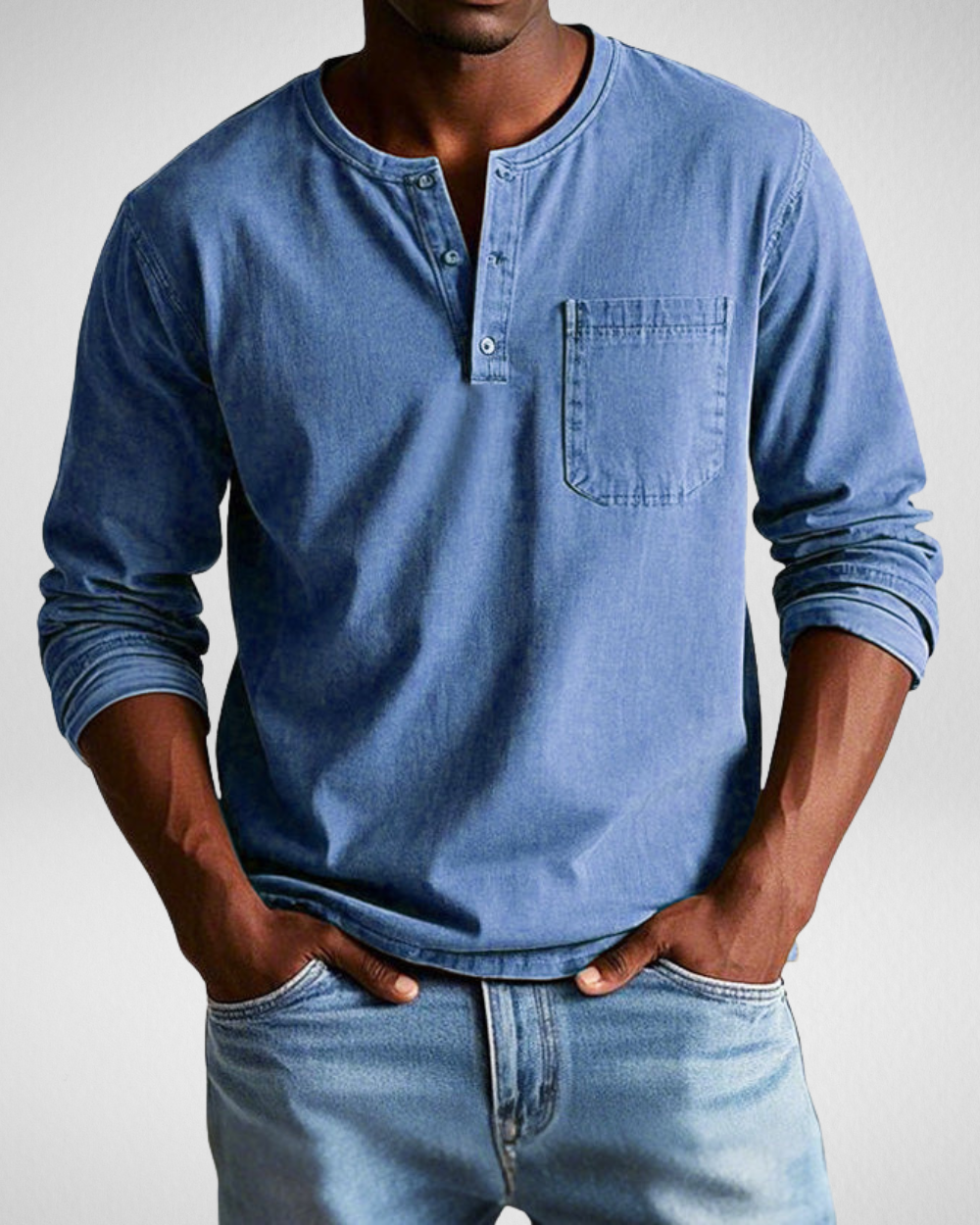Men's long sleeve Henley shirt with chest pocket, relaxed fit, versatile everyday casual style