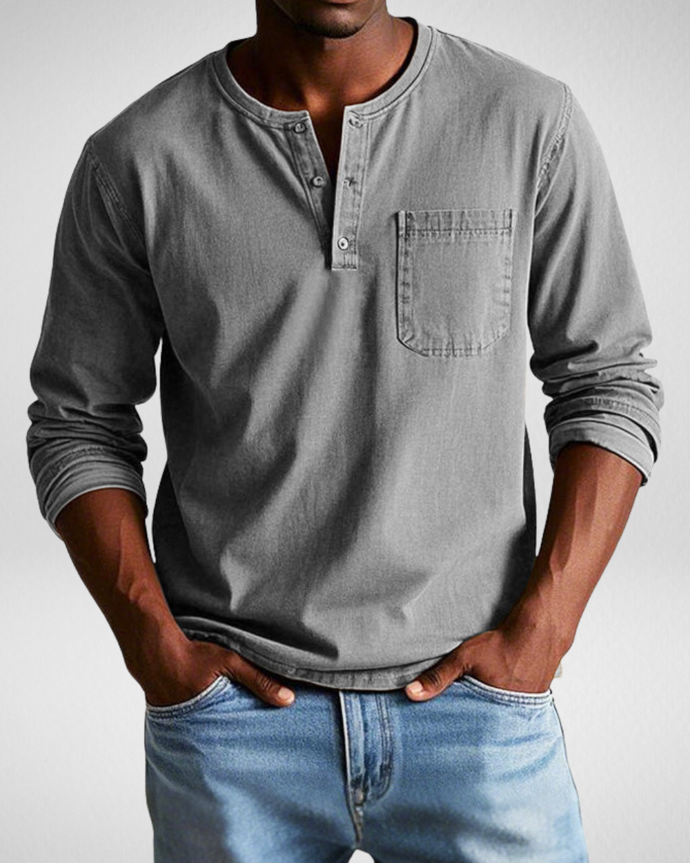 Men's long sleeve Henley shirt with chest pocket, relaxed fit, breathable fabric for all-day comfort