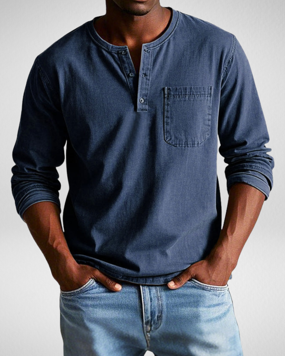 Men's long sleeve Henley shirt with chest pocket, relaxed fit, breathable fabric for all-day comfort