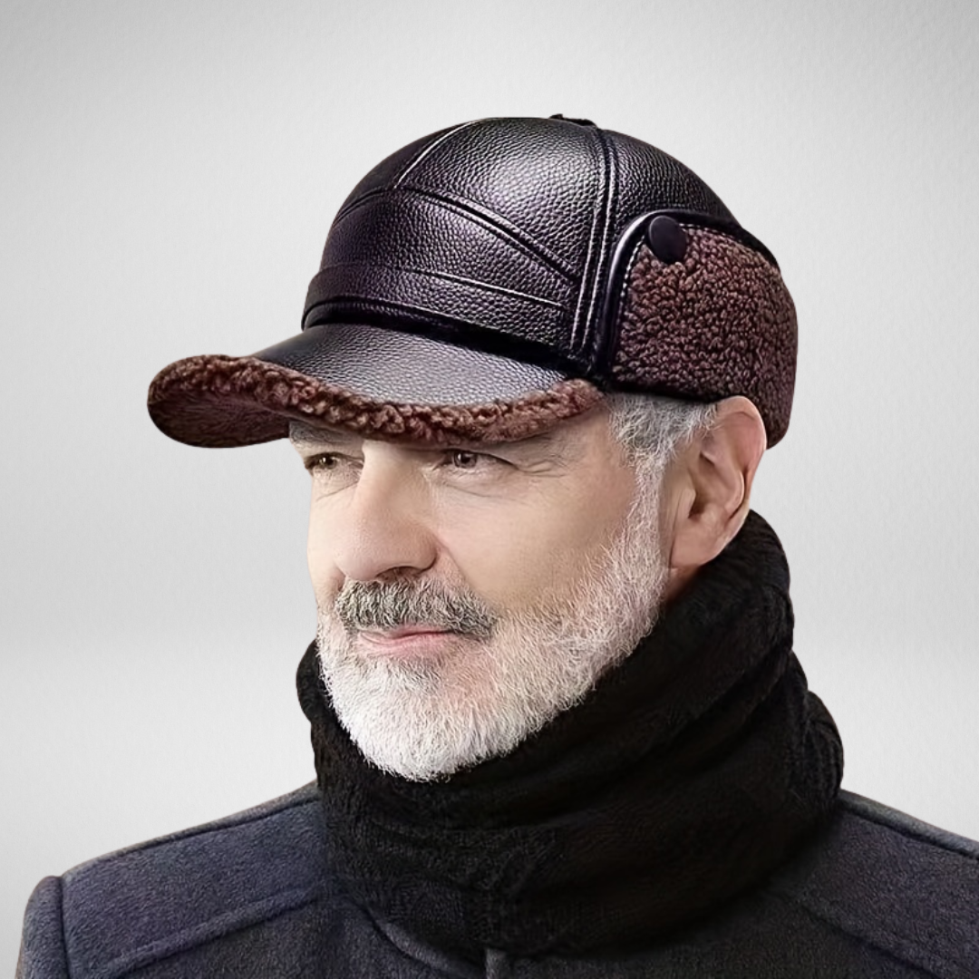 Men's black PU leather winter cap with soft lining, windproof design, and adjustable buckle closure