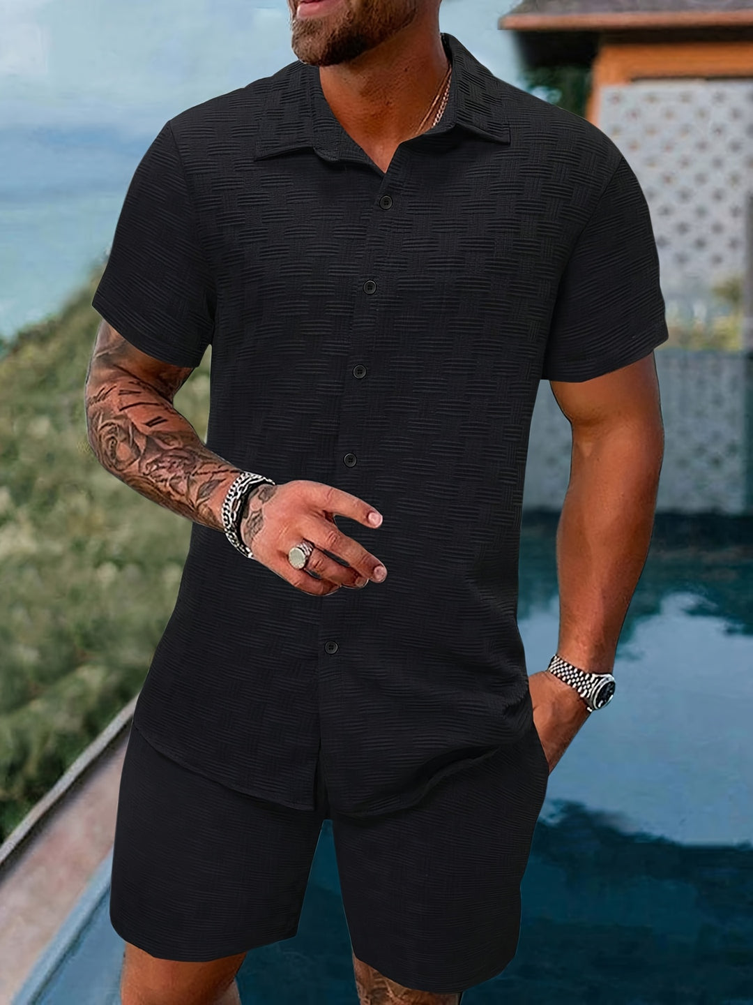 Men's lightweight striped short sleeve shirt and matching shorts set breathable summer outfit