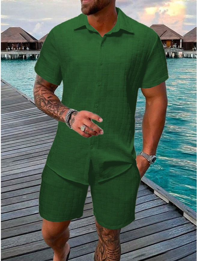 Men's lightweight striped short sleeve shirt and matching shorts set, breathable summer outfit