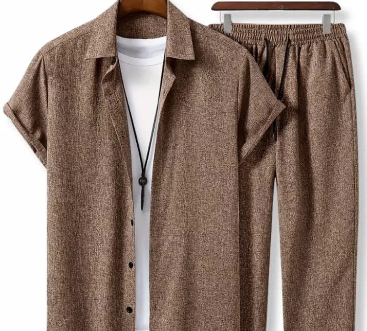 Men's lightweight two-piece short sleeve shirt and jogger set with elastic waistband, relaxed fit