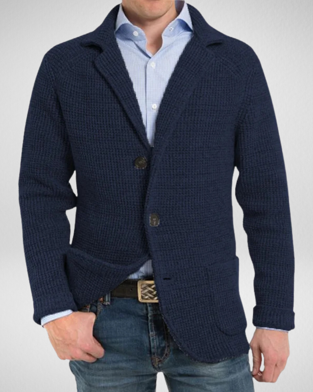 Men's regular fit knit blazer in neutral tone, elegant business-casual style with soft fabric comfort