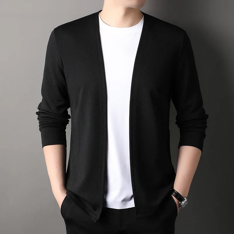 Men's solid knit cardigan long sleeve casual layering style in comfortable cotton-polyester blend