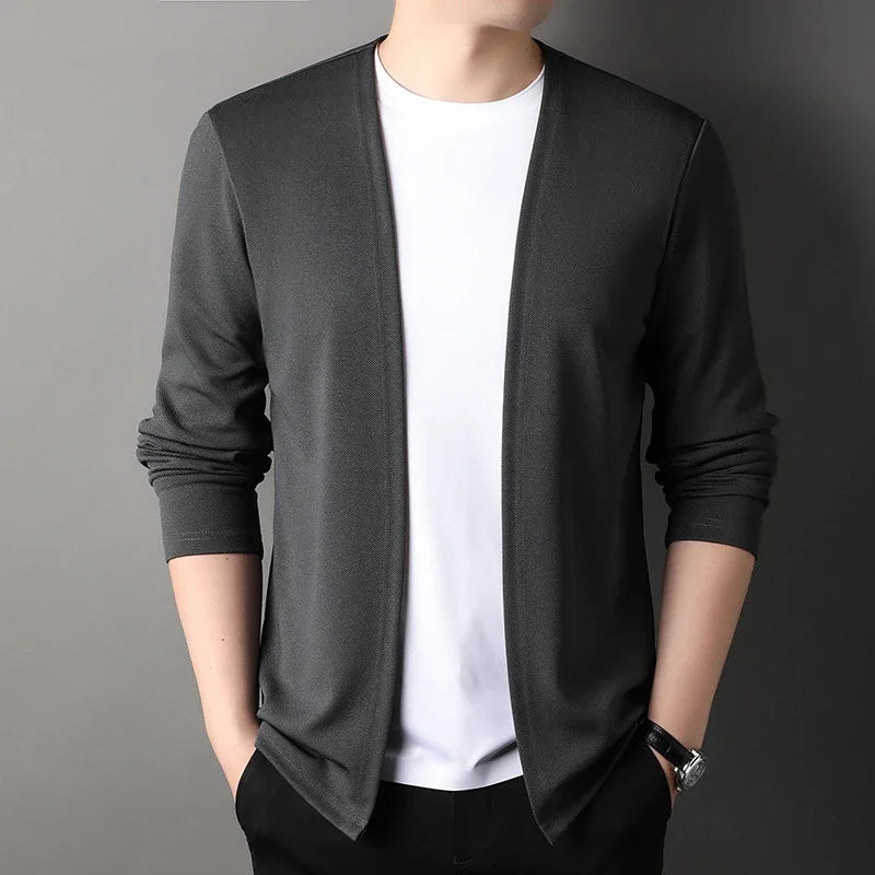 Men's solid knit cardigan casual long sleeve layering piece in versatile everyday style