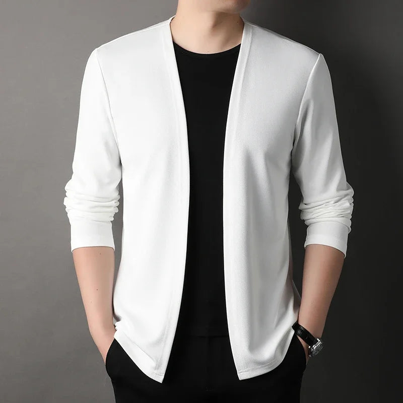 Men's casual knit cardigan in solid color, long sleeves, lightweight cotton-polyester blend for versatile layering