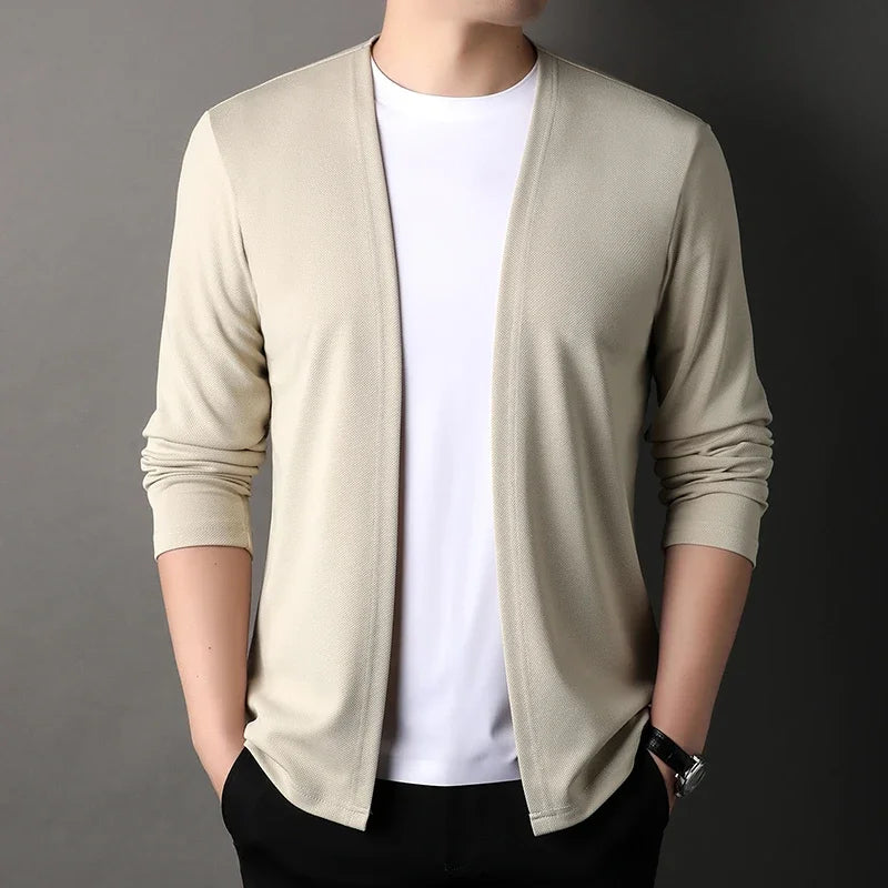 Men's solid knit cardigan casual long sleeve layering piece in versatile neutral cotton-poly blend