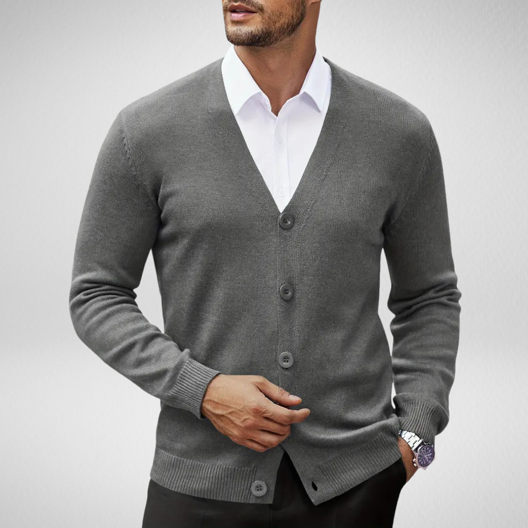 Men's gray soft knit cardigan with button closure, modern tailored fit for classic everyday style