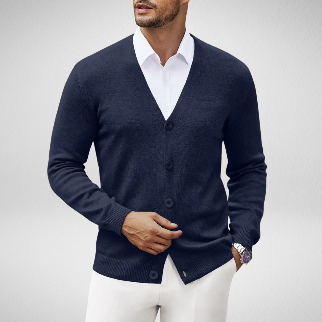 Men's gray soft knit cardigan modern fit button closure classic layering piece for cool days