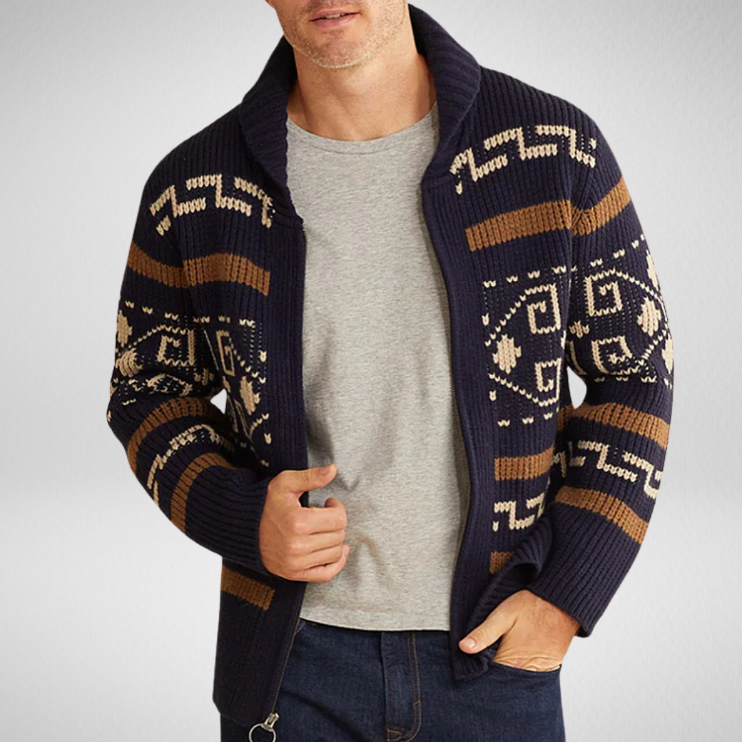 Men's slim-fit zip-up cardigan in cozy knit fabric, warm autumn winter layering piece with front zipper