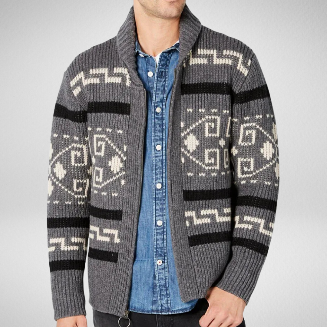 Men's slim fit zip-up cardigan in cozy knit fabric, warm layering piece for autumn winter