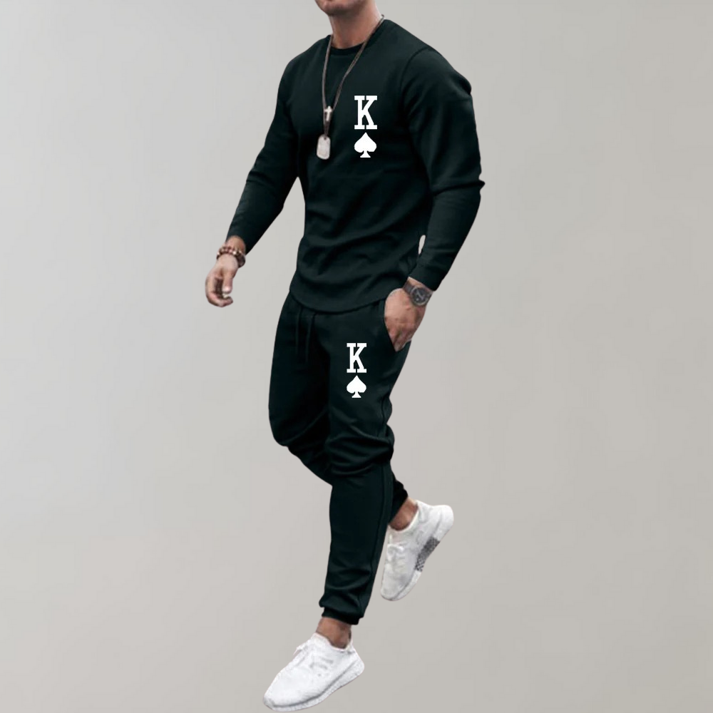 Men's grey tracksuit set crew neck long-sleeve shirt jogging pants K♠ card print streetwear