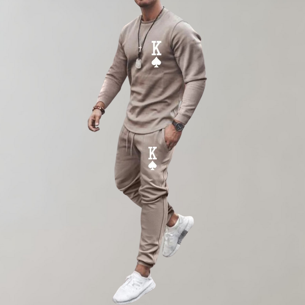 Men's grey two-piece tracksuit crew neck shirt jogging pants K♠ card print streetwear set