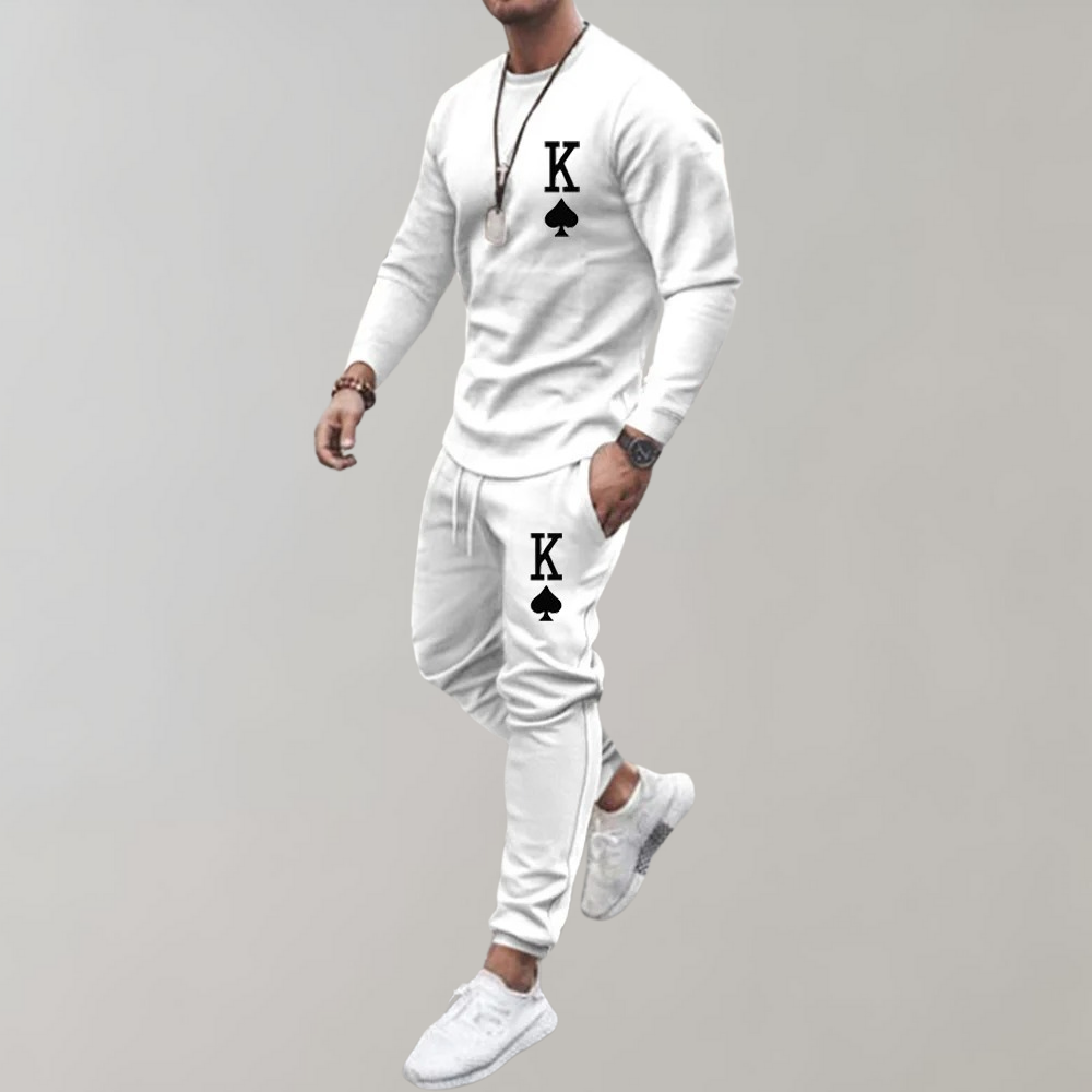 Men's gray 2-piece tracksuit set crew neck shirt jogging pants K♠ card print streetwear