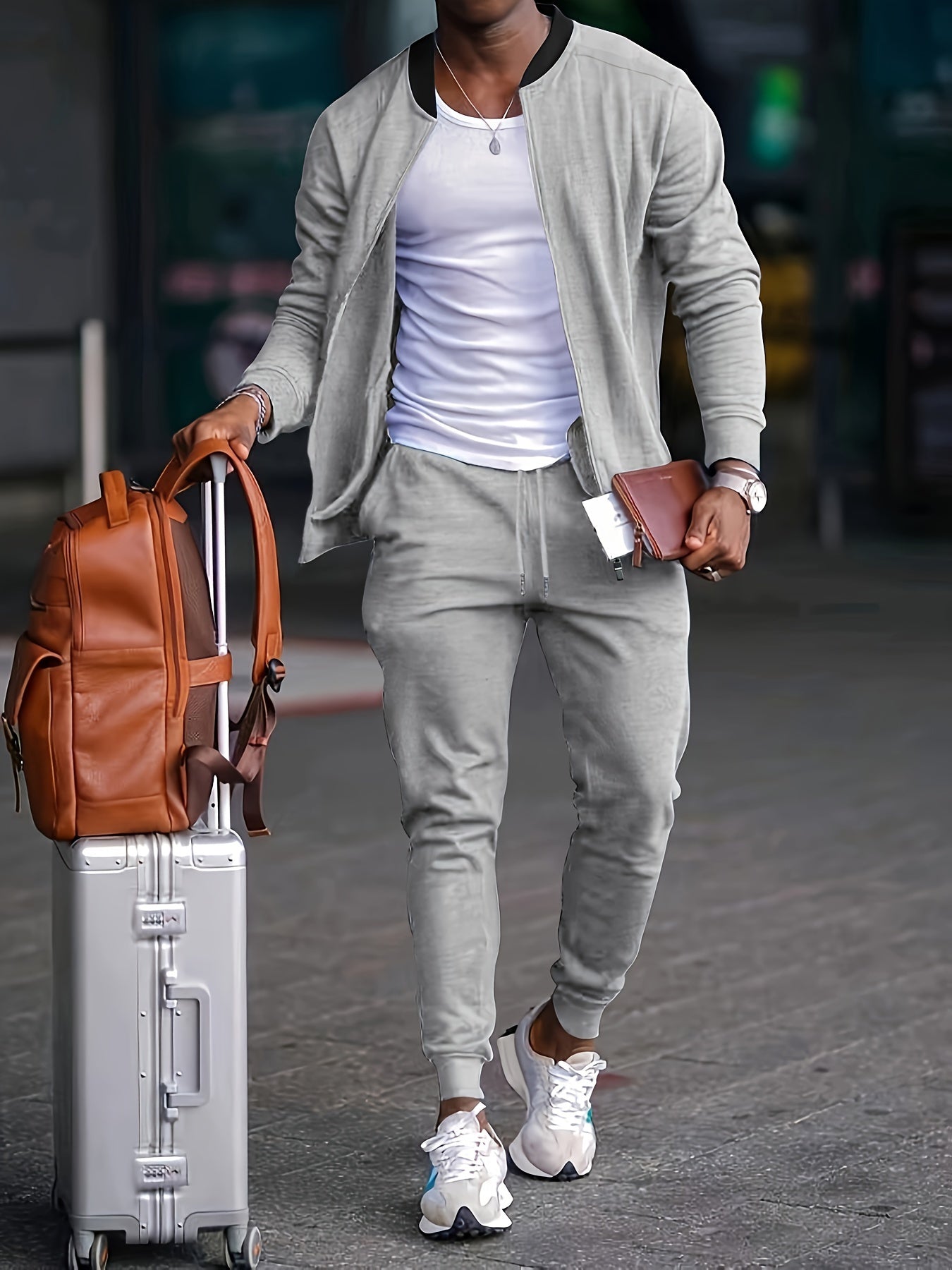 Men's cotton blend tracksuit set zip-up jacket jogger pants sporty modern travel leisure fit