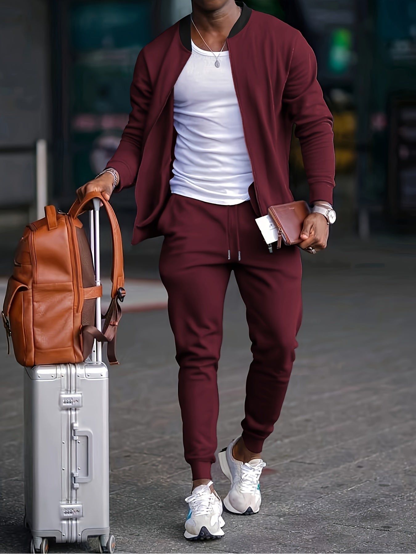 Men's cotton blend tracksuit set zip-up jacket sporty modern two-piece travel leisure suit