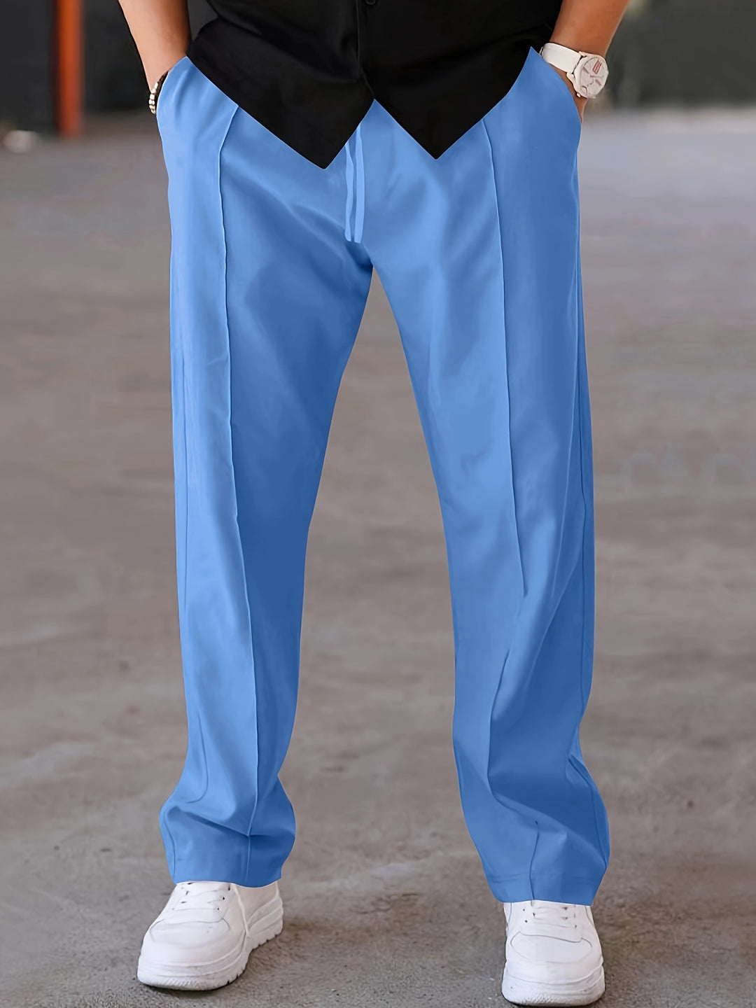 Men's vintage-style drawstring pants, regular fit polyester trousers with elastic waist for all-day comfort