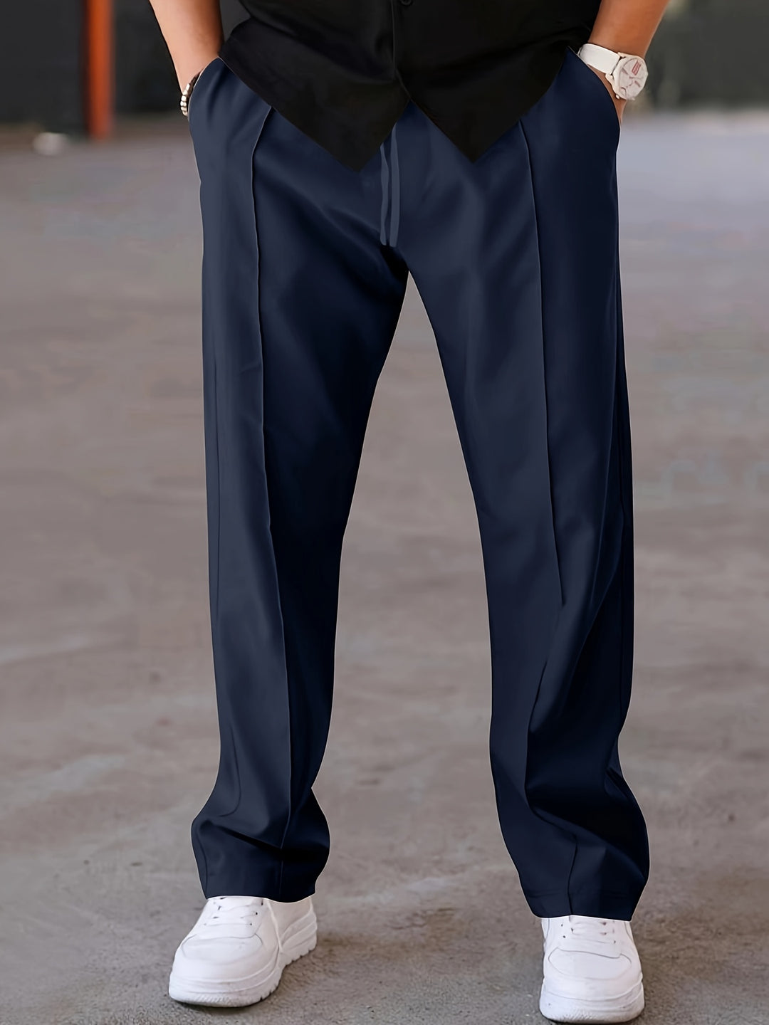 Men's vintage-style drawstring pants, regular fit polyester trousers with elastic waistband