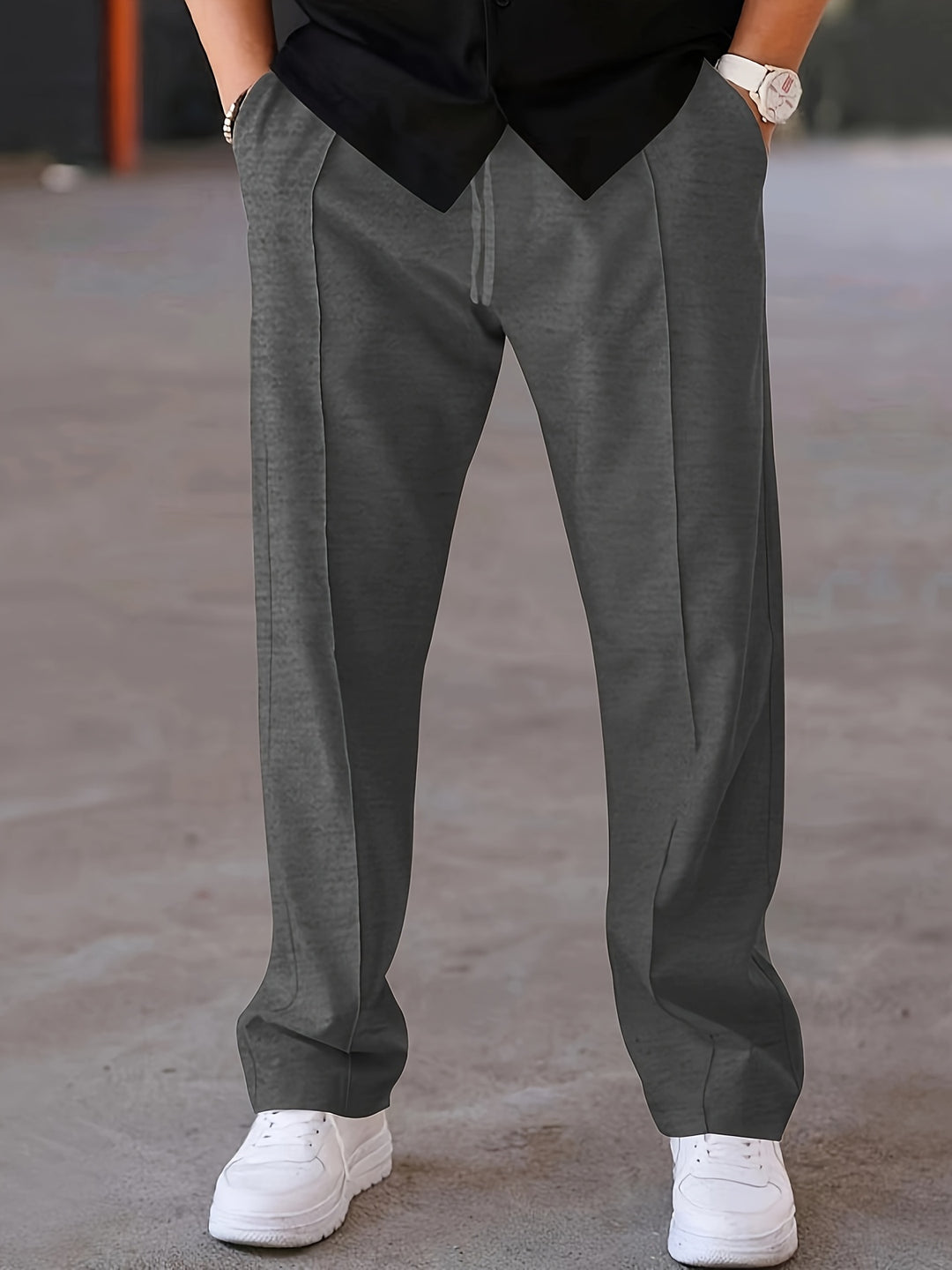 Men's vintage regular-fit pants with elastic drawstring waist, breathable polyester fabric, classic elegance