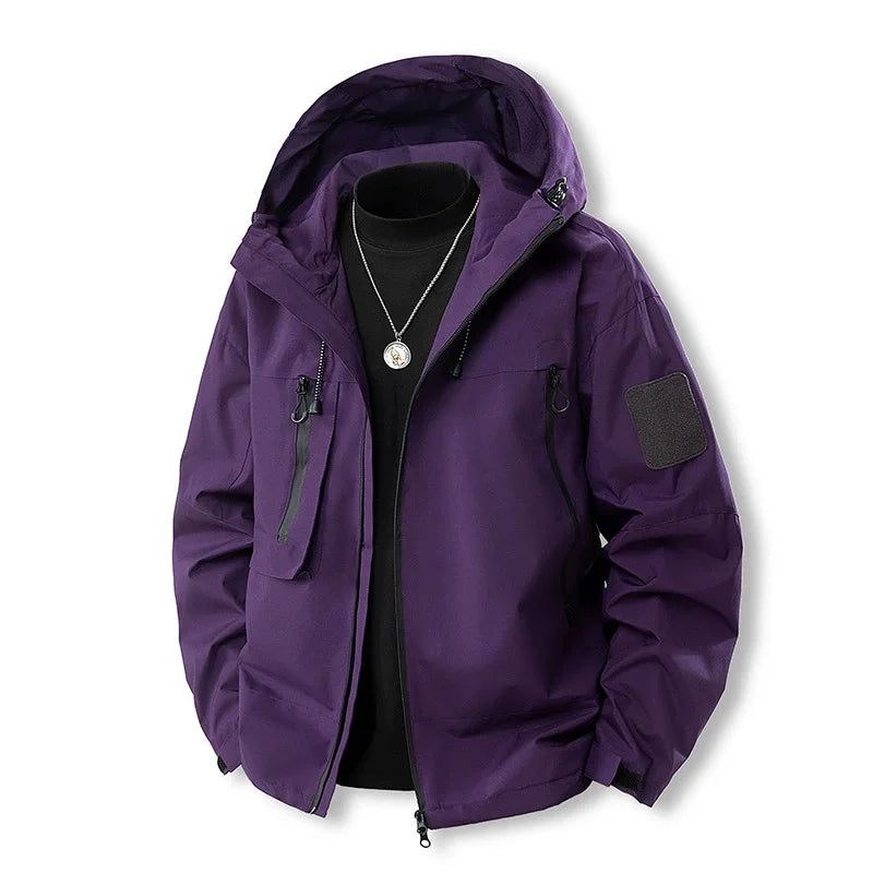 Men's lightweight windproof hiking jacket with hood, weatherproof outdoor adventure gear