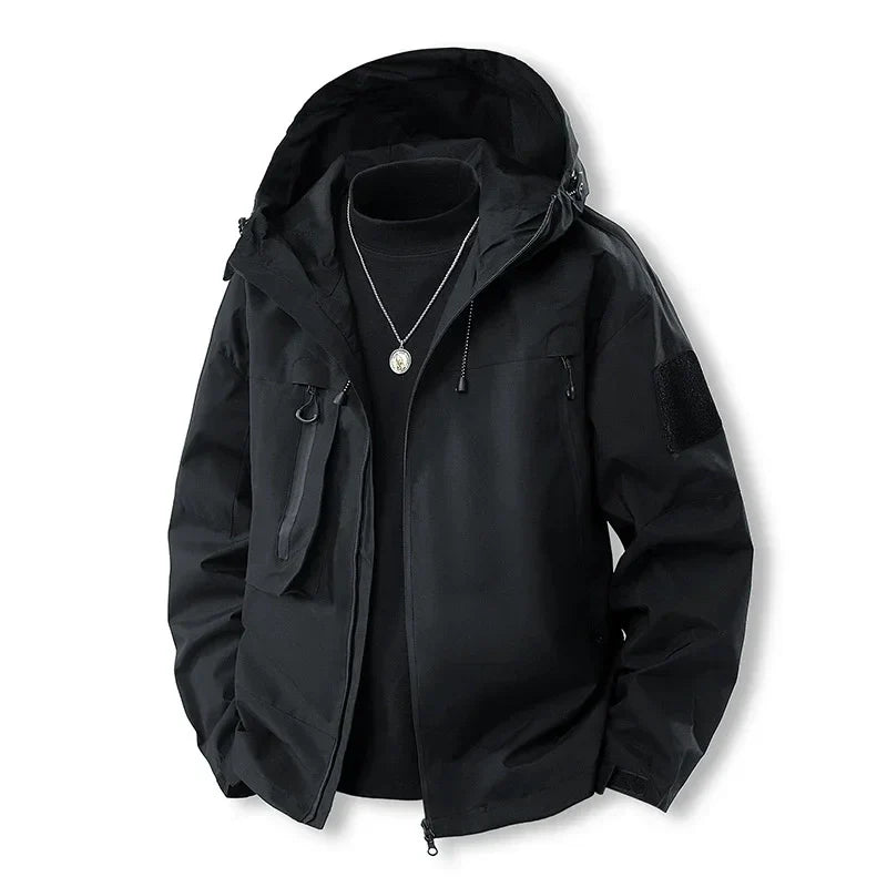 Men's lightweight windproof hiking jacket with hood, weatherproof outdoor adventure gear