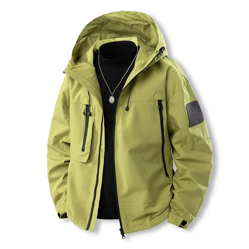 Men's lightweight windproof hiking jacket with hood, weatherproof outdoor adventure gear