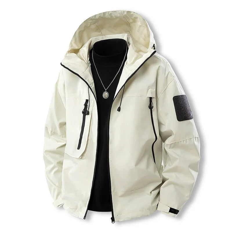 Men's lightweight windproof hiking jacket with hood, weatherproof outdoor adventure gear