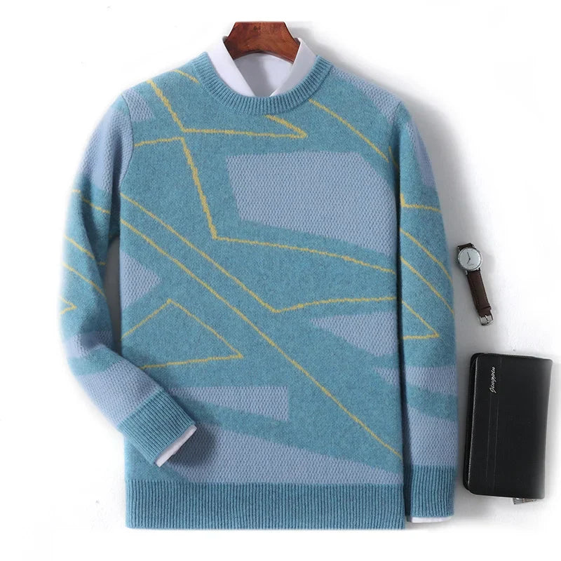 Men's extra-fine merino wool crewneck sweater, soft cable-knit design in contrasting colors for casual wear