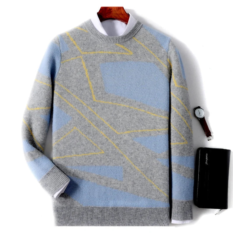 Men's extra-fine merino wool crewneck sweater, soft cable-knit design in contrasting colors for casual wear