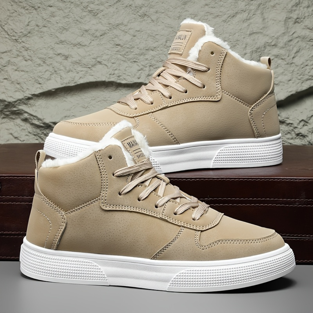 Men's high shaft winter sneakers with warm lining, round toe lace-up, superior cold weather grip