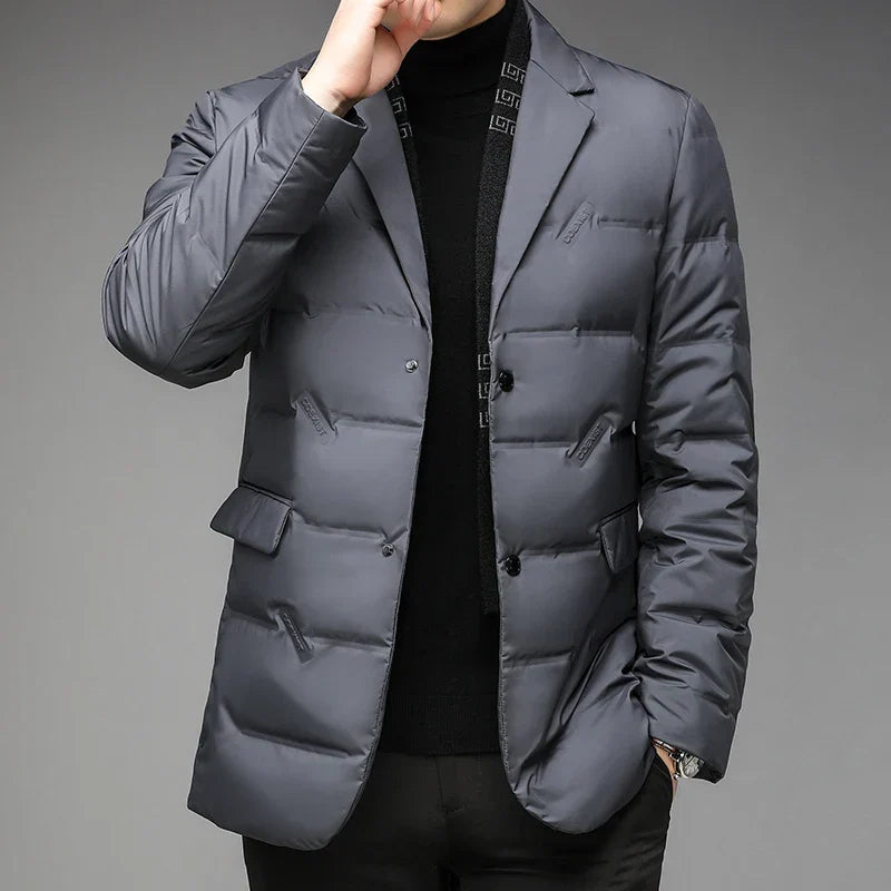 Men's black business down jacket 90% white duck down elegant lapel detachable scarf slim fit