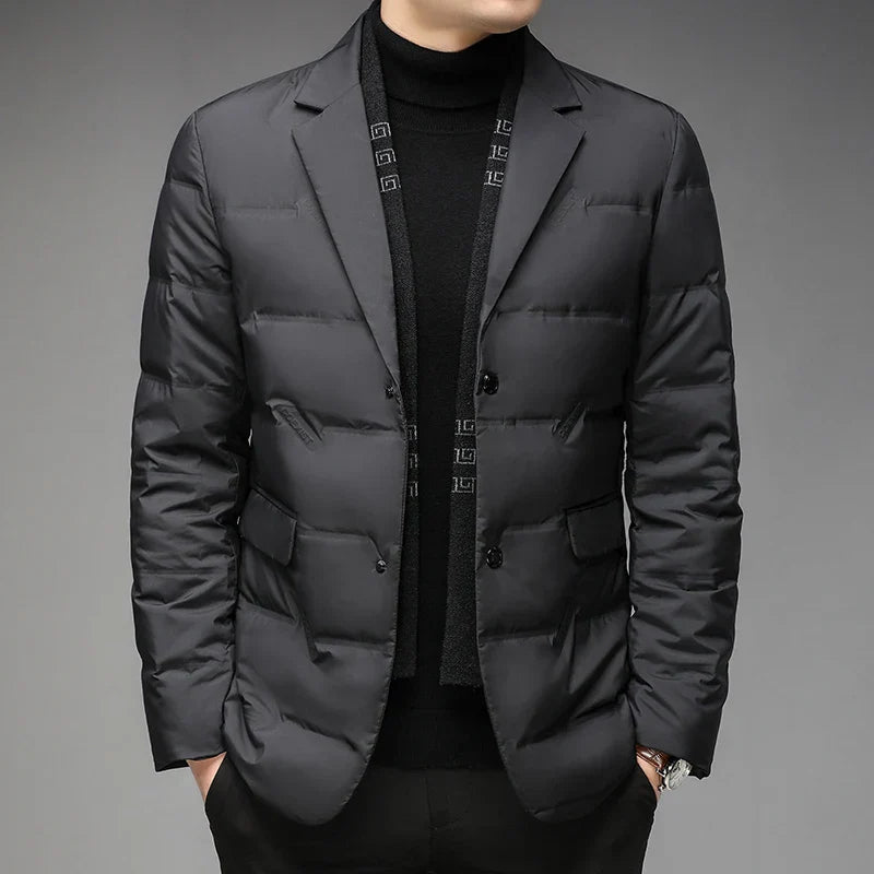 Men's black business down jacket 90% white duck down detachable scarf elegant lapel collar