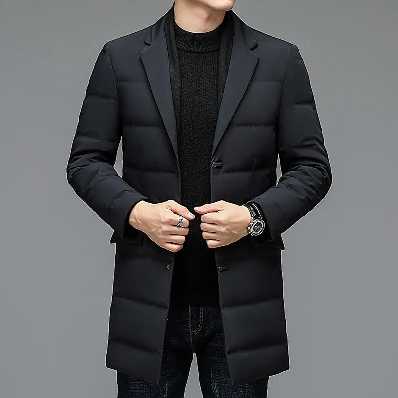 Men's black business down jacket 90% white duck down detachable scarf elegant lapel collar