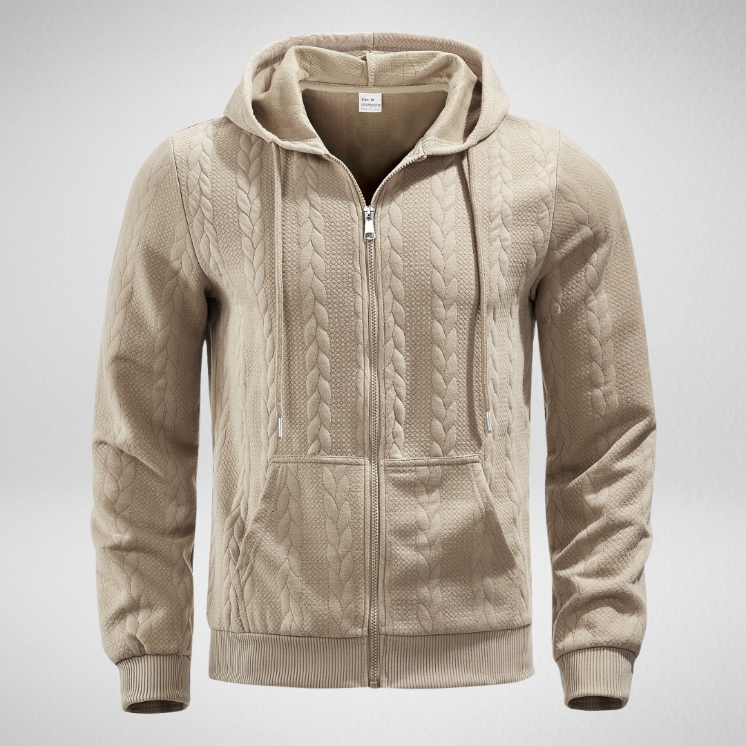 Men's cable knit zip-up cardigan hoodie, casual autumn layering piece with textured pattern
