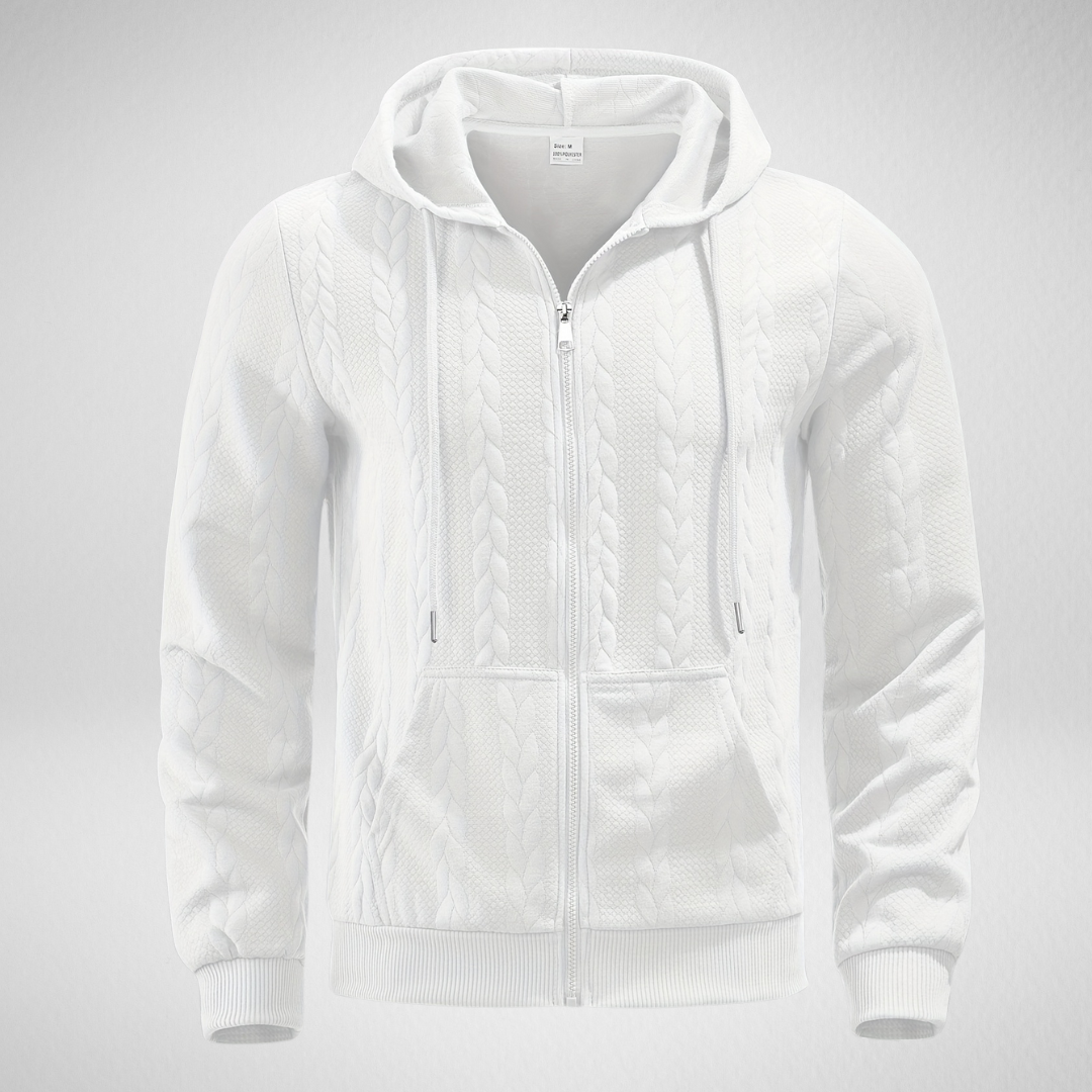 Men's cable knit zip-up cardigan hoodie in neutral tone, relaxed fit with textured pattern for autumn
