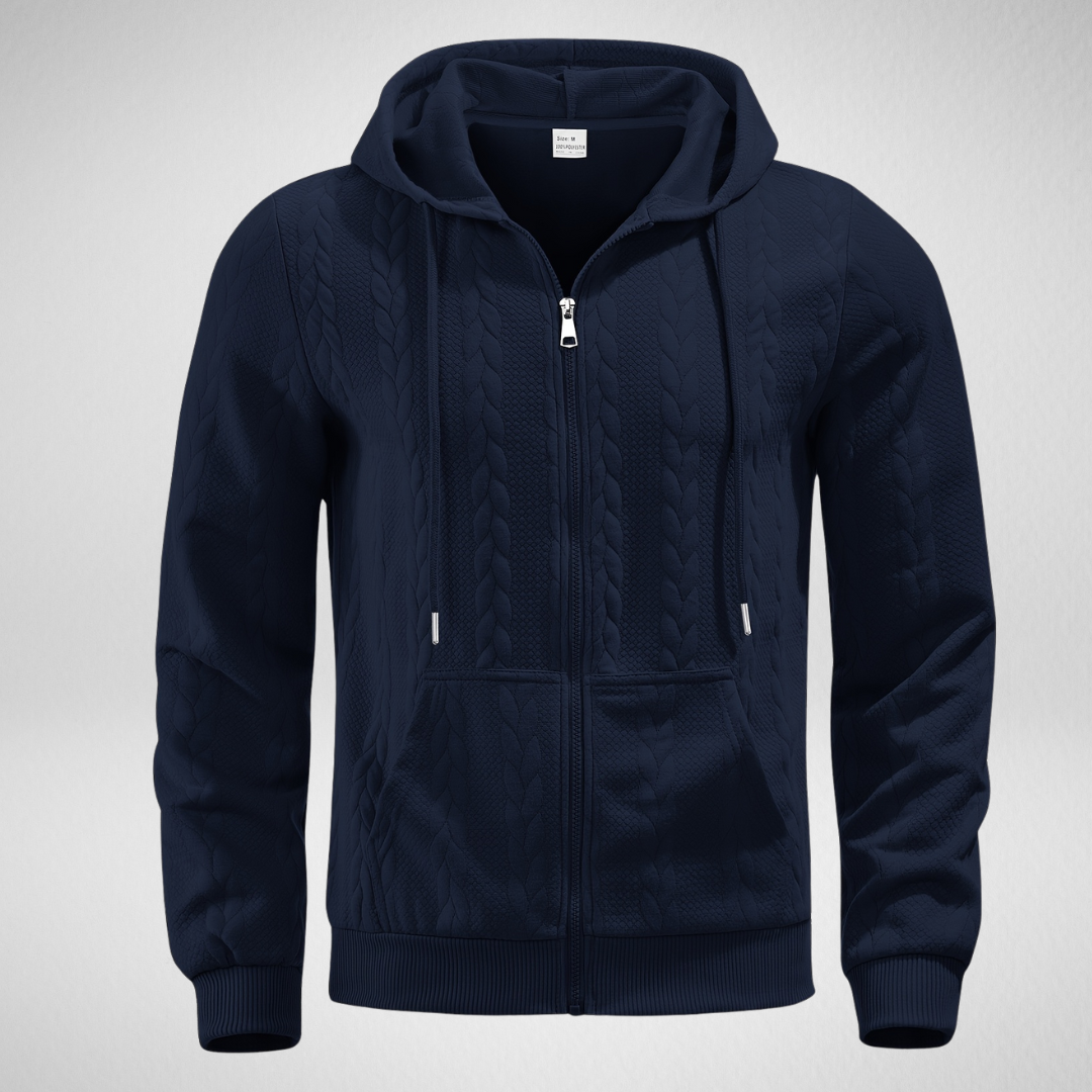 Men's cable knit zip-up cardigan hoodie in neutral tone, relaxed fit with textured pattern for autumn