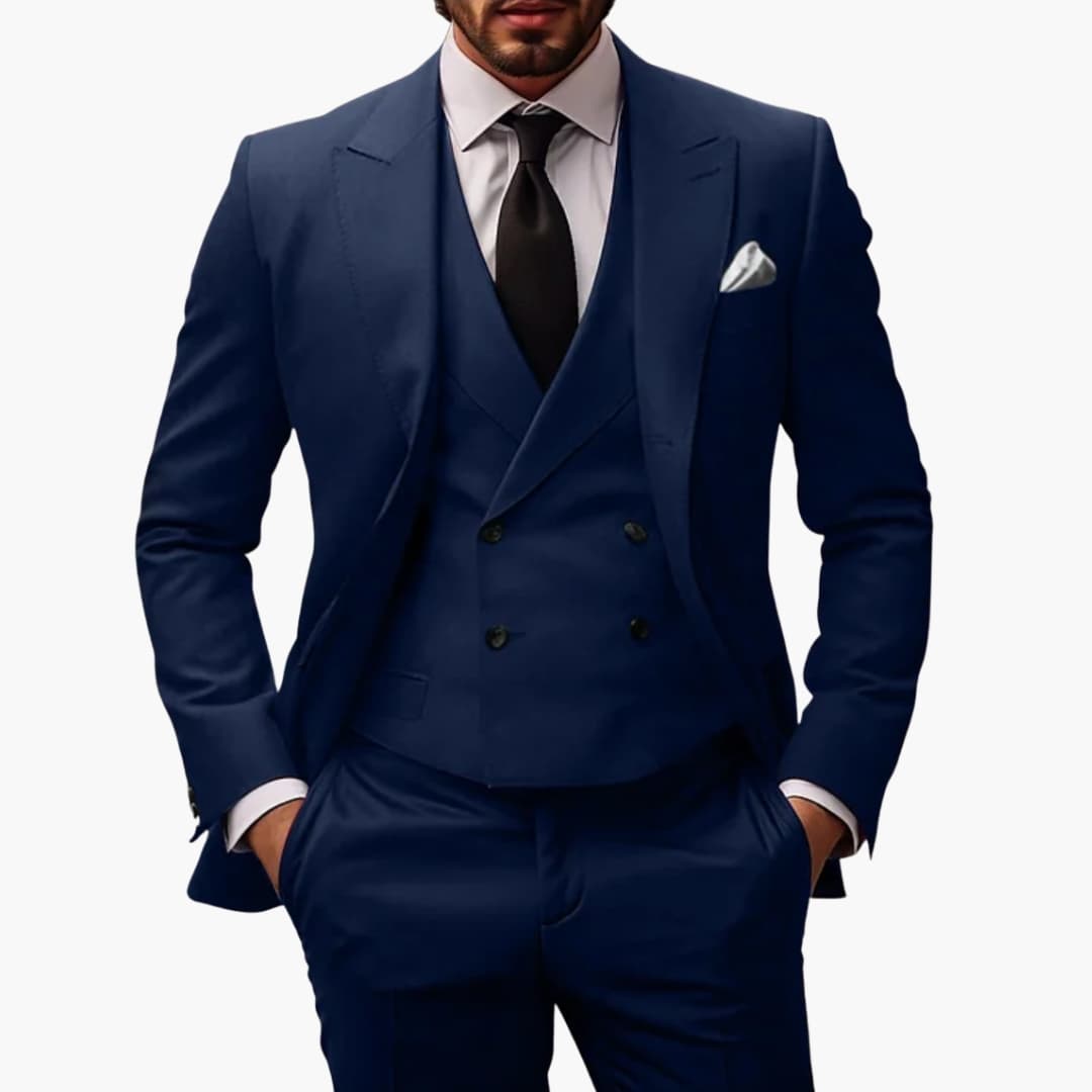Men's three-piece charcoal suit structured formal fit with matching vest and flat-front trousers