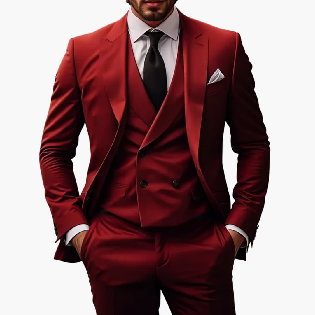 Men's three-piece charcoal suit structured fit with matching vest and flat-front trousers formal wear