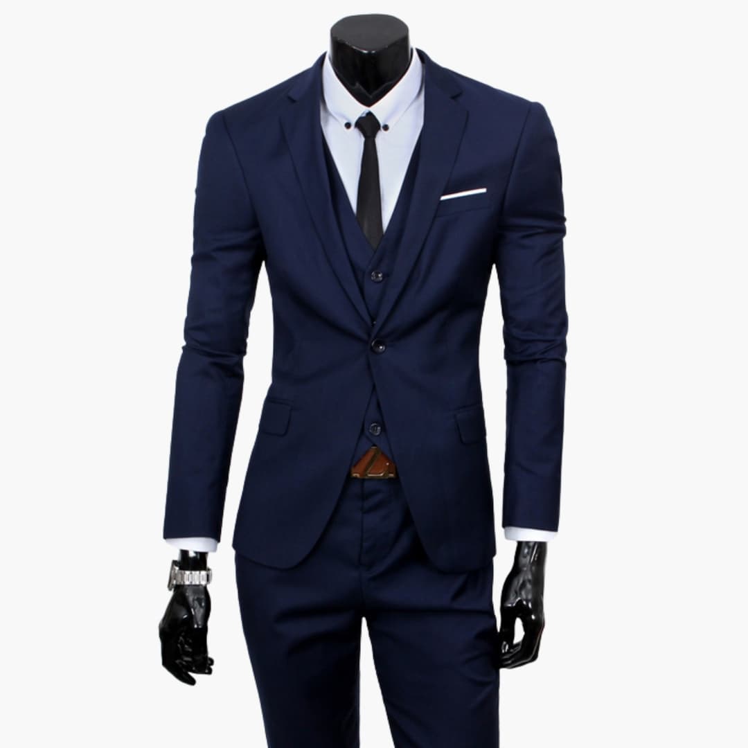 Men's navy blue smart fit suit set with notched lapel jacket, vest, and inside pocket