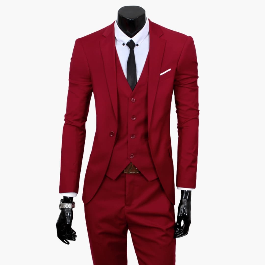 Men's navy blue smart fit suit set with notched lapel jacket, vest, and inside pocket